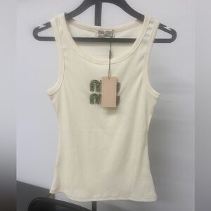 Miu Miu Ivory Tank Top with Green Embellishment